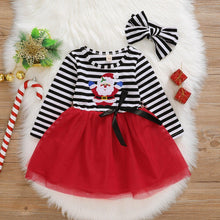将图片加载到图库查看器，New Dress Baby Girls Christmas Santa Striped Print  Dress And Headband Outfits Children
