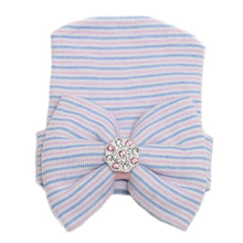 将图片加载到图库查看器，Modern Luxury Baby Girl Cotton Knit Striped Baby Caps With Big Bow For Baby Girls In Elegant Style
