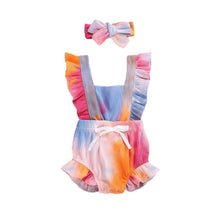 Load image into Gallery viewer, Luxury Modern New Printed Colorful Toddler Girls Rompers With Headband Ruffles Short Sleeve Printed Backless Jumpsuits
