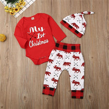 Load image into Gallery viewer, Casual New Baby Boy/Girl  First Christmas printed Clothes Romper Trousers Hat Outfit Set
