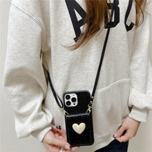 将图片加载到图库查看器，Attractive Luxury Love Black Lanyard Phone Case for iPhone 12 13 Mini 7 8 Plus 11 Pro Max X XS XR Cover Handbag Case with Card Holder Lanyard Adjustable Strap Cover For iPhone

