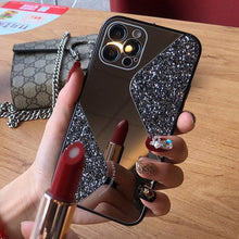 将图片加载到图库查看器，Women Luxurious Glitter Makeup Mirror Phone Case For iPhone 12 11 Pro MAX X XS XR 8 7 Plus Luxury Silicone Shockproof Cover Fixed Non Moving Sparkling Shining Glitter Stars Soft Silicone Case

