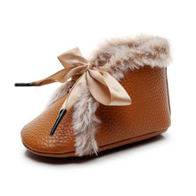 Load image into Gallery viewer, Baby PU Boots Winter Anti-slip Warm First Walkers Soft Soled Booties Toddler Bowknot Lace-up Shoes
