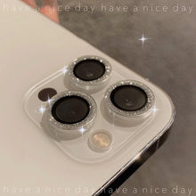 Load image into Gallery viewer, Camera Lense Protection Glass Large Glitter Stone Camera Protector For iPhone 13 Mini 14 Pro Max luxury Glitter Diamand Camera Lens Protectors Camera Metal Ring Glass For iPhone 11 Protective Cap
