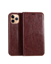 Load image into Gallery viewer, Brown Genuine Leather Flip Case For iPhone Luxury Wallet Card Cover For iPhone 14 13 Leather iPhone Case Kickstand Card Holder Flip Leather Wallet Phone Case
