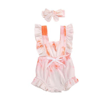 Load image into Gallery viewer, Luxury Modern New Printed Colorful Toddler Girls Rompers With Headband Ruffles Short Sleeve Printed Backless Jumpsuits
