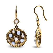 Load image into Gallery viewer, 18K Yellow Gold 1 2/3 Cttw Diamond and Blue Sapphire Bezel Set Gemstone Cluster Medallion Dangle Earrings (Brown and G-H Color, SI1-SI2 Clarity)

