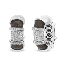 Load image into Gallery viewer, 18K White Gold Flash Plated .925 Sterling Silver Clear Graphite Grey Enamel 5/8 Cttw Round Diamonds Huggie Hoop Earrings (F-G Color, VS1-VS2 Clarity)
