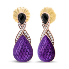 将图片加载到图库查看器，18K Rose Gold Flash Plated .925 Sterling Silver Purple Enamel 1/5 Cttw Round Pave-Set Diamond and 5.5 x 4mm Pear-Shaped Black Onyx Drop Earrings (F-G Color, VS1-VS2 Clarity)
