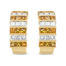 Load image into Gallery viewer, 18K Yellow Gold 1 3/4 Cttw Invisible Set Princess Cut Diamond and 2.5mm Yellow Sapphire Huggie Hoop Earrings (F-G Color, VS1-VS2 Clarity)
