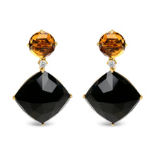 将图片加载到图库查看器，18K Yellow Gold 1/5 Cttw Diamond with Round Yellow Citrine and Cushion Cut Black Onyx Gemstone Dangle Earring (G-H Color, SI1-SI2 Clarity)
