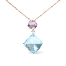 Load image into Gallery viewer, 18K White and Rose Gold Round Diamond Accent and Round Rose De France Pink Amethyst and Cushion Cut Sky Blue Topaz Dangle Drop 18" Pendant Necklace (G-H Color, SI1-SI2 Clarity)

