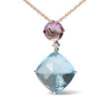 Load image into Gallery viewer, 18K White and Rose Gold Round Diamond Accent and Round Rose De France Pink Amethyst and Cushion Cut Sky Blue Topaz Dangle Drop 18" Pendant Necklace (G-H Color, SI1-SI2 Clarity)
