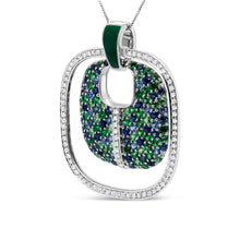 将图片加载到图库查看器，.925 Sterling Silver Green Enamel Pendant with 1/2 Cttw Diamond, Sapphire, and Tsavorite Openwork Statement 18" Pendant Necklace (F-G Color, VS1-VS2 Clarity)
