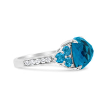 Load image into Gallery viewer, 18K White Gold 10mm Cushion Shaped Blue Topaz and 1/6 Cttw Diamond 3 Stone Style Ring (F-G Color, VS1-VS2 Clarity) - Ring Size 6.5
