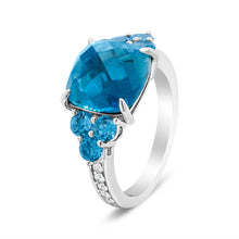 Load image into Gallery viewer, 18K White Gold 10mm Cushion Shaped Blue Topaz and 1/6 Cttw Diamond 3 Stone Style Ring (F-G Color, VS1-VS2 Clarity) - Ring Size 6.5
