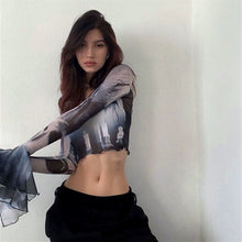 将图片加载到图库查看器，round Neck Printed Tie-Dye Top Well-Designed Slim-Fit Mesh
