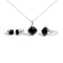 将图片加载到图库查看器，Sterling Silver Cushion Onyx 3-Piece Jewelry Set Ring Earrings Pendant 18 Inch Cable Chain

