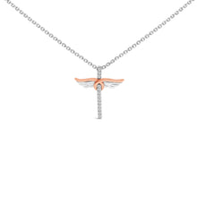 Load image into Gallery viewer, 14K Rose Gold Plated Sterling Silver 1/5 Cttw Diamond Wing Cross Pendant Necklace

