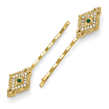 Load image into Gallery viewer, Gold Tone Downton Abbey Green Crystal Portcullis Hairpin Set
