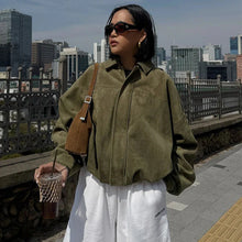 Load image into Gallery viewer, Women’s Suede Bomber Jacket – Cropped Racing Style

