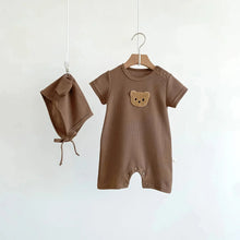 Load image into Gallery viewer, New In Summer Kids Baby Girls Boys Short Sleeve Waffle Patch Bear Infant Newborn Jumpsuits Cotton Romper Gift Hat with Ear
