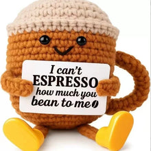 将图片加载到图库查看器，Funny Crochet Emotional Support Coffee Doll With Card Desktop Ornament Handmade Knitted Coffee Dolls Christmas Gifts Home Decor
