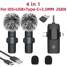 Load image into Gallery viewer, Professional 4 In 1 Wireless Lavalier Microphone for iPhone Android 3.5mm for Radio Live Recording Noise Reduction Mini Microph
