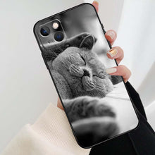 将图片加载到图库查看器，Beautiful Grey British Shorthair Cat Case For iPhone 12 13 Mini 13 11 12 14 Pro Max XS X XR 6S 7 8 Plus SE 2020 Silicone Cover Silicone Soft Black Moon Smooth Print Design
