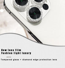 将图片加载到图库查看器，Glitter Diamond Rhinestones Metal Ring Camera Tempered Glass For iPhone 11 12 13 14 Pro Max Mini Plus Lens Protector Full Cover 9H Tempered Glass Camera Lens Protector Metal Single Ring Full Coverage Camera Lens Protector
