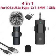 Load image into Gallery viewer, Professional 4 In 1 Wireless Lavalier Microphone for iPhone Android 3.5mm for Radio Live Recording Noise Reduction Mini Microph
