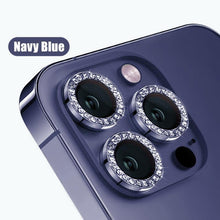 将图片加载到图库查看器，Glitter Diamond Rhinestones Metal Ring Camera Tempered Glass For iPhone 11 12 13 14 Pro Max Mini Plus Lens Protector Full Cover 9H Tempered Glass Camera Lens Protector Metal Single Ring Full Coverage Camera Lens Protector
