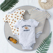 Load image into Gallery viewer, 3PCS Baby Bodysuit Set for Boys | Summer Short Sleeve Cotton Romper with Cartoon Dinosaur &amp; Stripe Designs
