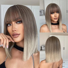 将图片加载到图库查看器，Short Straight Synthetic Wigs for Women Blonde to Brown Ombre Bob Wigs with Bangs Daily Cosplay Party Heat Resistant Fake Hair
