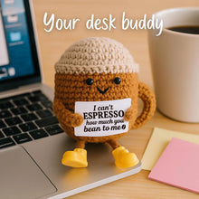 将图片加载到图库查看器，Funny Crochet Emotional Support Coffee Doll With Card Desktop Ornament Handmade Knitted Coffee Dolls Christmas Gifts Home Decor
