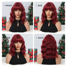 将图片加载到图库查看器，Short Wavy Wine Red Synthetic Wigs for Women Curly Lolita Wigs With Bangs Shoulder Length Wigs Natural Looking Daily Cosplay
