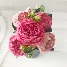 Load image into Gallery viewer, 30cm Rose Pink Silk Peony Artificial Flowers Bouquet 5 Big Head and 4 Bud Cheap Fake Flowers for Home Wedding Decoration indoor
