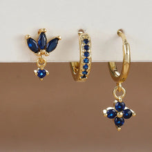 Load image into Gallery viewer, 3PCS Zircon Flower Dangle Earrings – Orange &amp; Blue Stainless Steel Set
