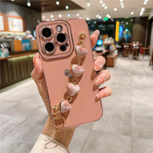 Load image into Gallery viewer, Luxury Mini Heart Shaped Love Bracelet Strap Phone Case Case with Chain Luxury Sparkle Love-Hearts Case with Strap Bracelet Slim Soft Protective Girly Cover For iPhone 11 12 13 14 Pro Max X XR XS Nice Heart Frame On 7 8 Plus SE Chain Phone Cover
