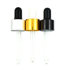 将图片加载到图库查看器，18-410 glass dropper black/white ribbed skirt plastic/aluminum Cap assembly with rubber bulb and glass pipette X10
