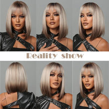 将图片加载到图库查看器，Short Straight Synthetic Wigs for Women Blonde to Brown Ombre Bob Wigs with Bangs Daily Cosplay Party Heat Resistant Fake Hair
