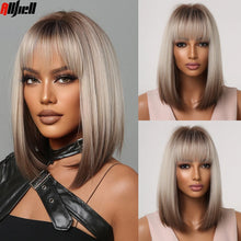将图片加载到图库查看器，Short Straight Synthetic Wigs for Women Blonde to Brown Ombre Bob Wigs with Bangs Daily Cosplay Party Heat Resistant Fake Hair
