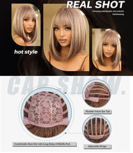 将图片加载到图库查看器，Short Straight Synthetic Wigs for Women Blonde to Brown Ombre Bob Wigs with Bangs Daily Cosplay Party Heat Resistant Fake Hair
