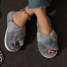 将图片加载到图库查看器，Cross Warm Fluffy Furry Slippers Women Lightweight Flat Heels Fur Slides Woman Autumn Winter Open Toe Non Slip Home Floor Shoes

