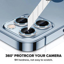 Load image into Gallery viewer, 9H Tempered Glass Camera Cover Screen Protector Metal Individual Ring For iPhone Phone Glitter Camera Lens Protector Film For iPhone 14 13 12 11 Pro Max Luminous Lens Metal Glass Protective Cover
