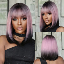 将图片加载到图库查看器，Short Straight Synthetic Wigs for Women Blonde to Brown Ombre Bob Wigs with Bangs Daily Cosplay Party Heat Resistant Fake Hair
