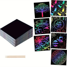 Load image into Gallery viewer, 100PCS Rainbow Scratch Art Kit - Non-Toxic Craft Set with Wooden Stylus for Kids Ages 5-12
