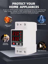 Load image into Gallery viewer, Dual Display 40A 63A 230V Din Rail Adjustable digital Over Under Voltage Relay Surge Protector  Limit Over Current Protection
