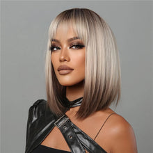 将图片加载到图库查看器，Short Straight Synthetic Wigs for Women Blonde to Brown Ombre Bob Wigs with Bangs Daily Cosplay Party Heat Resistant Fake Hair
