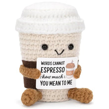 将图片加载到图库查看器，Funny Crochet Emotional Support Coffee Doll With Card Desktop Ornament Handmade Knitted Coffee Dolls Christmas Gifts Home Decor
